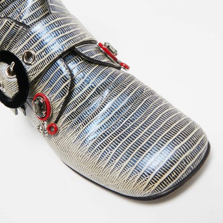 Pre Owned Dior Grey Lizard Embossed Leather Gatsby Jewel Combat Boots Size 36