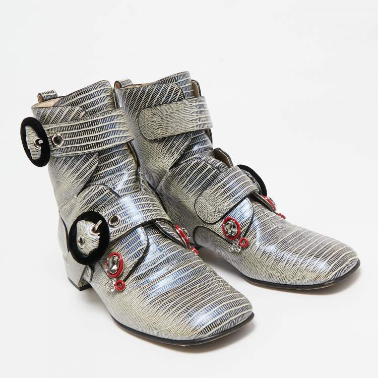 Pre Owned Dior Grey Lizard Embossed Leather Gatsby Jewel Combat Boots Size 36