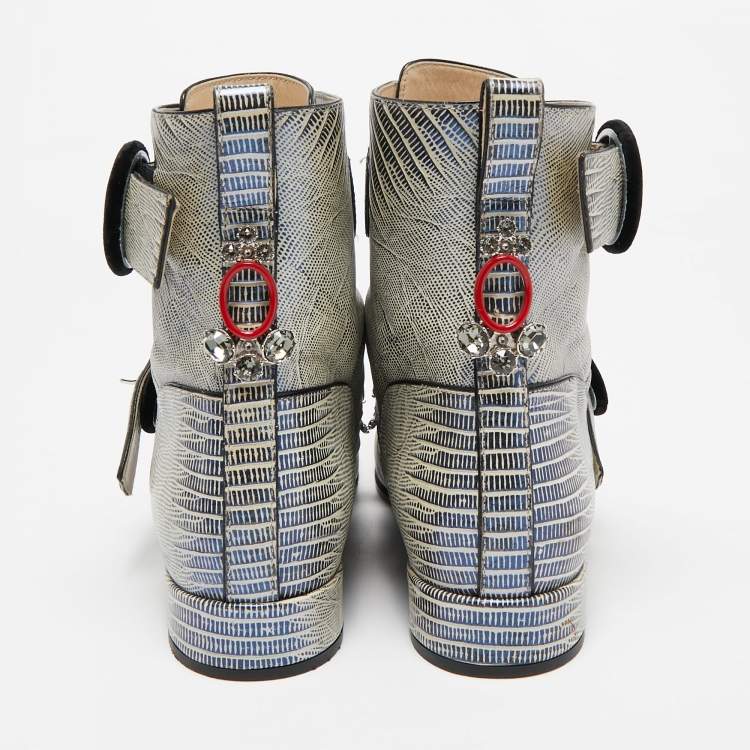 Pre Owned Dior Grey Lizard Embossed Leather Gatsby Jewel Combat Boots Size 36