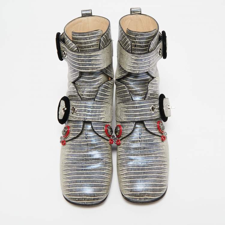 Pre Owned Dior Grey Lizard Embossed Leather Gatsby Jewel Combat Boots Size 36