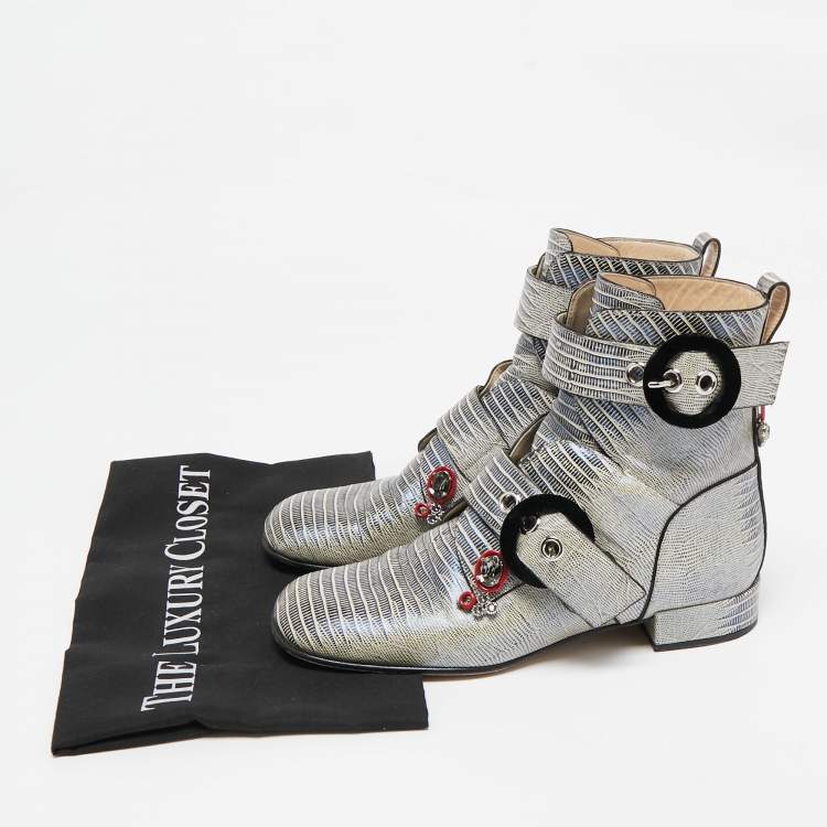 Pre Owned Dior Grey Lizard Embossed Leather Gatsby Jewel Combat Boots Size 36