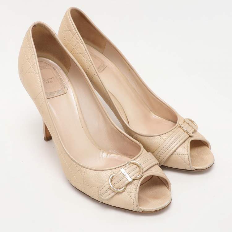 Pre Owned Dior Beige Cannage Leather Embellished Peep Toe Pumps Size 38.5