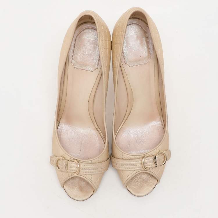 Pre Owned Dior Beige Cannage Leather Embellished Peep Toe Pumps Size 38.5