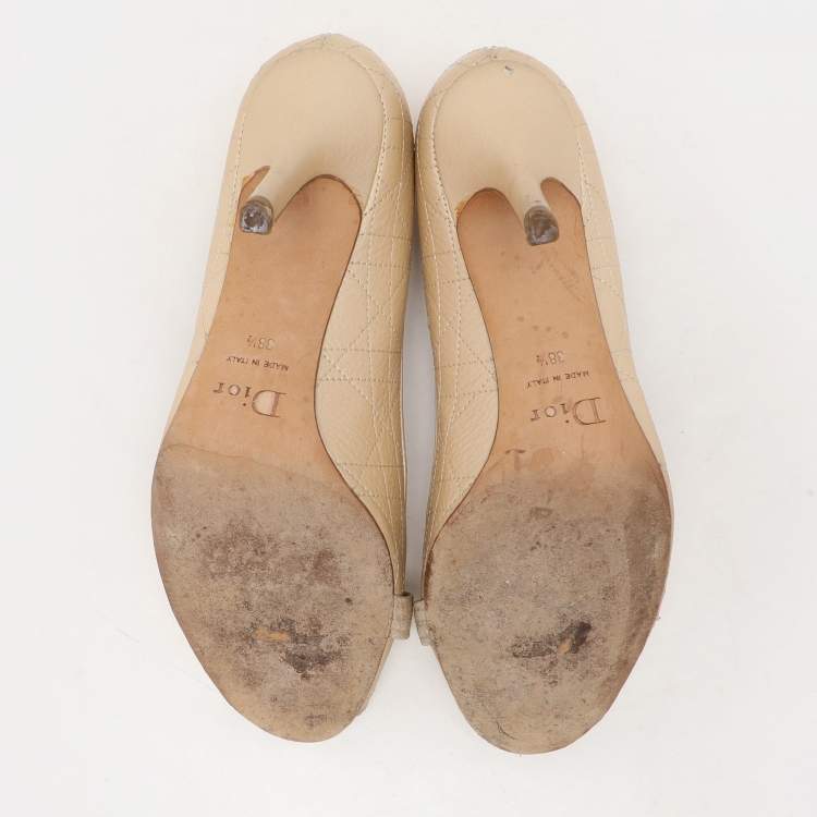 Pre Owned Dior Beige Cannage Leather Embellished Peep Toe Pumps Size 38.5