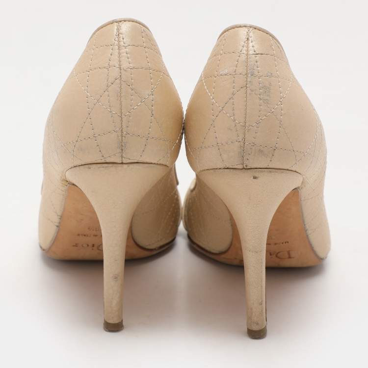 Pre Owned Dior Beige Cannage Leather Embellished Peep Toe Pumps Size 38.5