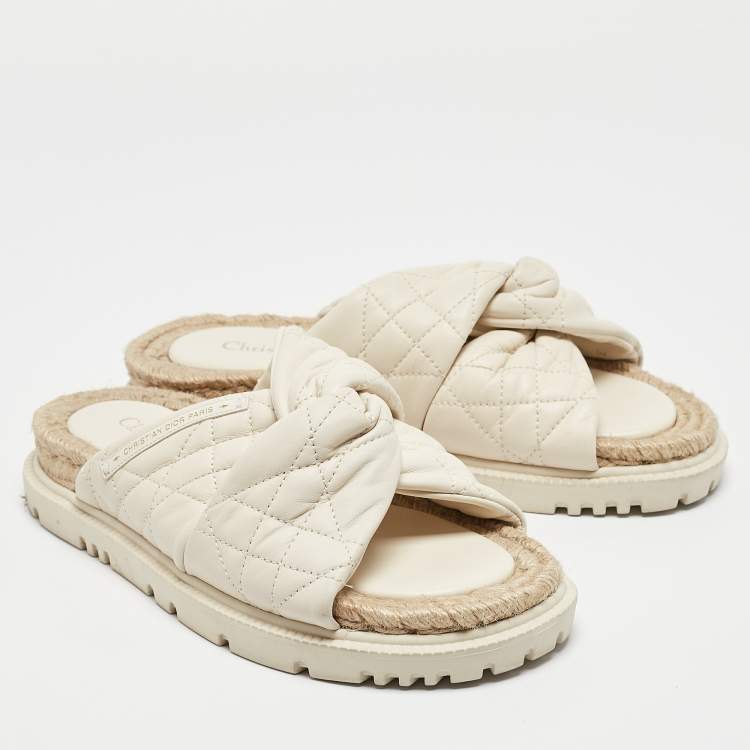 Pre Owned Dior Cream Cannage Quilted Leather D-Twist Espadrille Flat Sandals Size 38.5