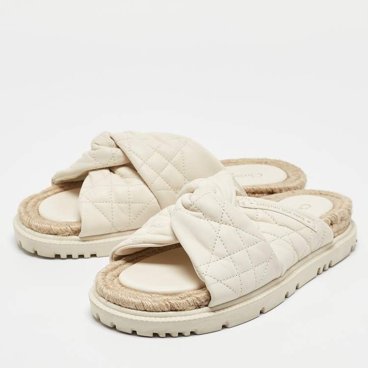 Pre Owned Dior Cream Cannage Quilted Leather D-Twist Espadrille Flat Sandals Size 38.5