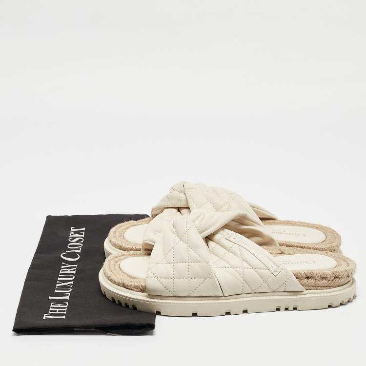 Pre Owned Dior Cream Cannage Quilted Leather D-Twist Espadrille Flat Sandals Size 38.5