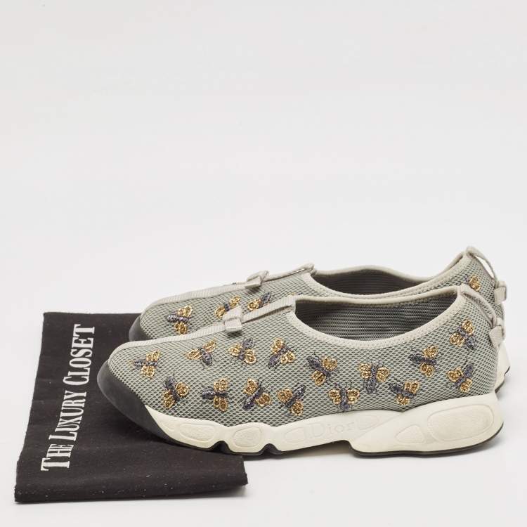 Pre Owned Dior Grey Mesh Fusion Bee Embellished Slip On Sneakers Size 39.5