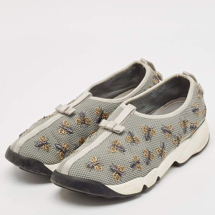 Pre Owned Dior Grey Mesh Fusion Bee Embellished Slip On Sneakers Size 39.5