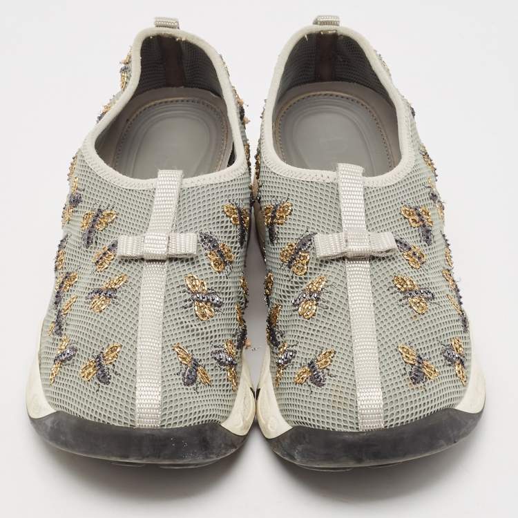Pre Owned Dior Grey Mesh Fusion Bee Embellished Slip On Sneakers Size 39.5