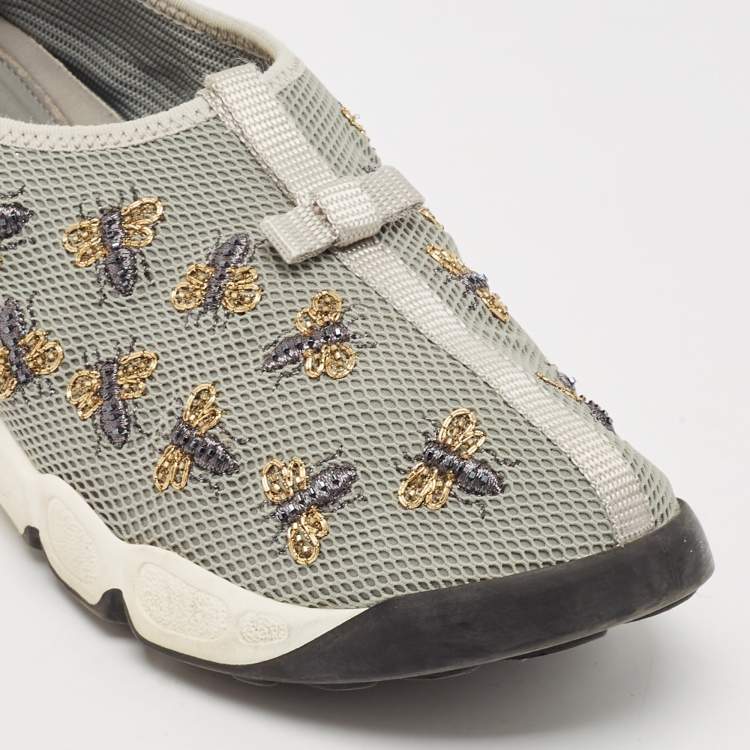 Pre Owned Dior Grey Mesh Fusion Bee Embellished Slip On Sneakers Size 39.5