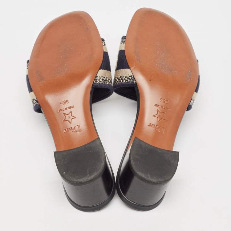Pre Owned Dior Navy Blue Embroidered Canvas Dway Slide Sandals Size 36.5