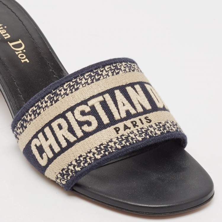 Pre Owned Dior Navy Blue Embroidered Canvas Dway Slide Sandals Size 36.5