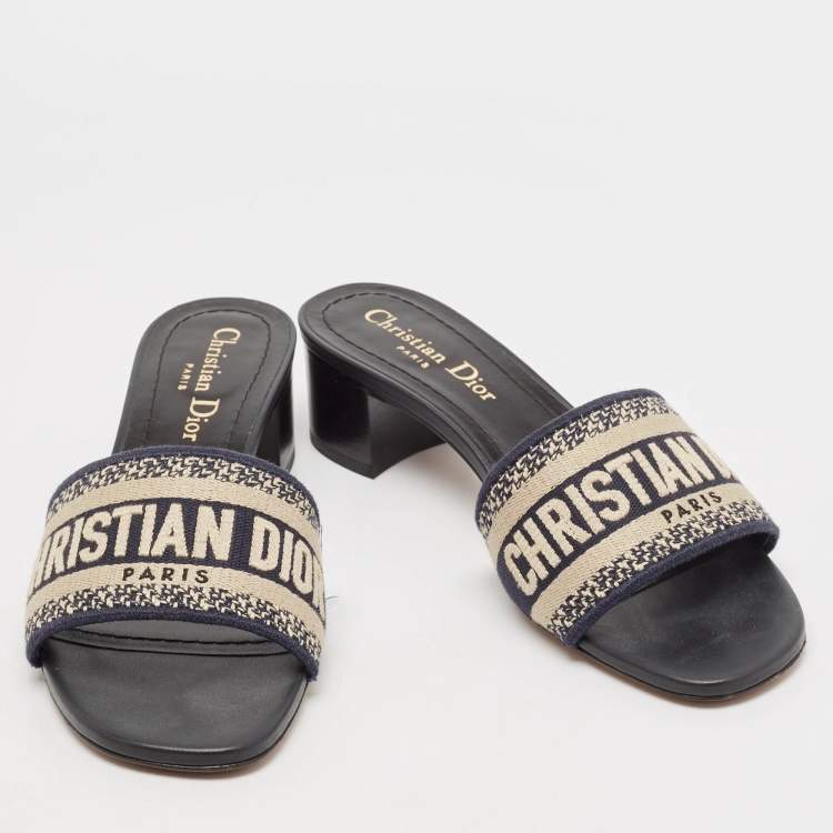 Pre Owned Dior Navy Blue Embroidered Canvas Dway Slide Sandals Size 36.5