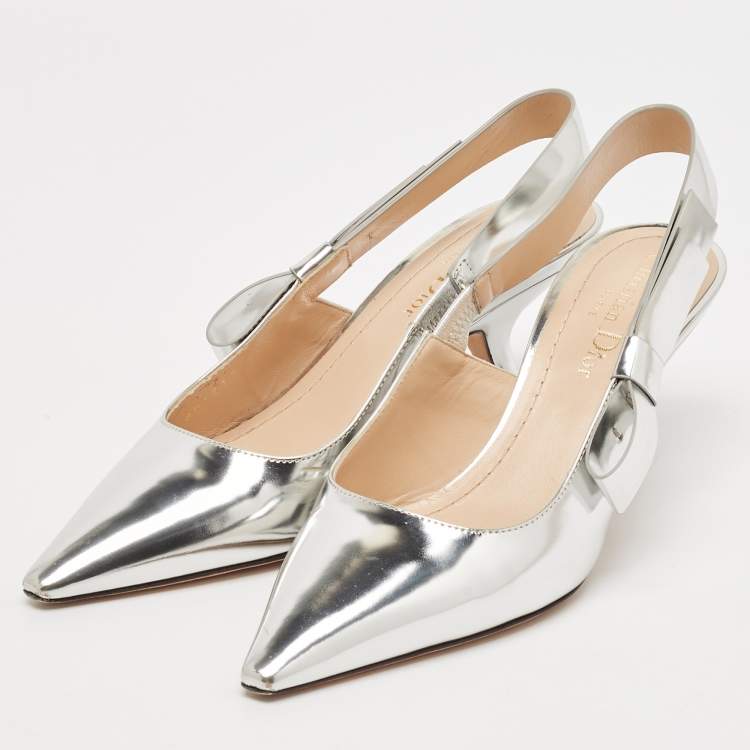 Pre Owned Dior Silver Leather Sweet-D Slingback Pumps Size 36.5