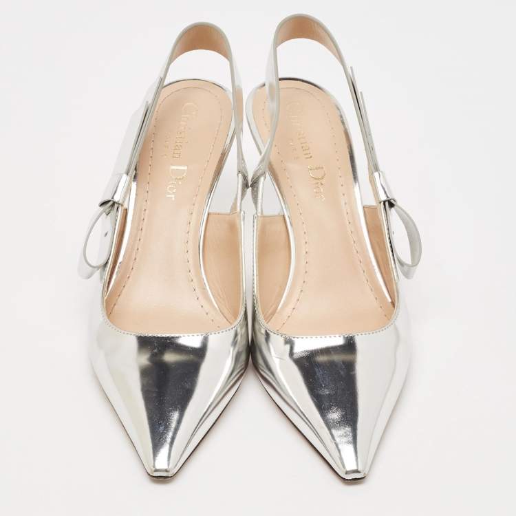 Pre Owned Dior Silver Leather Sweet-D Slingback Pumps Size 36.5
