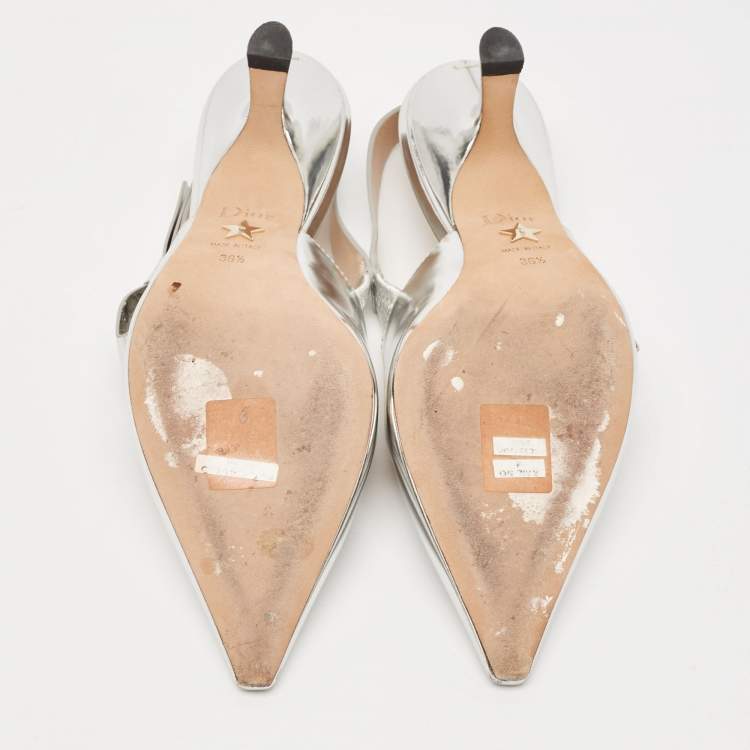 Pre Owned Dior Silver Leather Sweet-D Slingback Pumps Size 36.5