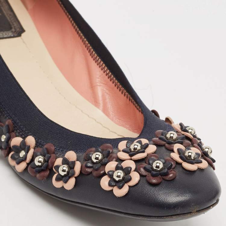 Pre Owned Dior Navy Blue Leather Cut Out Flower Embellished Ballet Flats Size 41