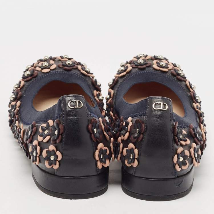 Pre Owned Dior Navy Blue Leather Cut Out Flower Embellished Ballet Flats Size 41