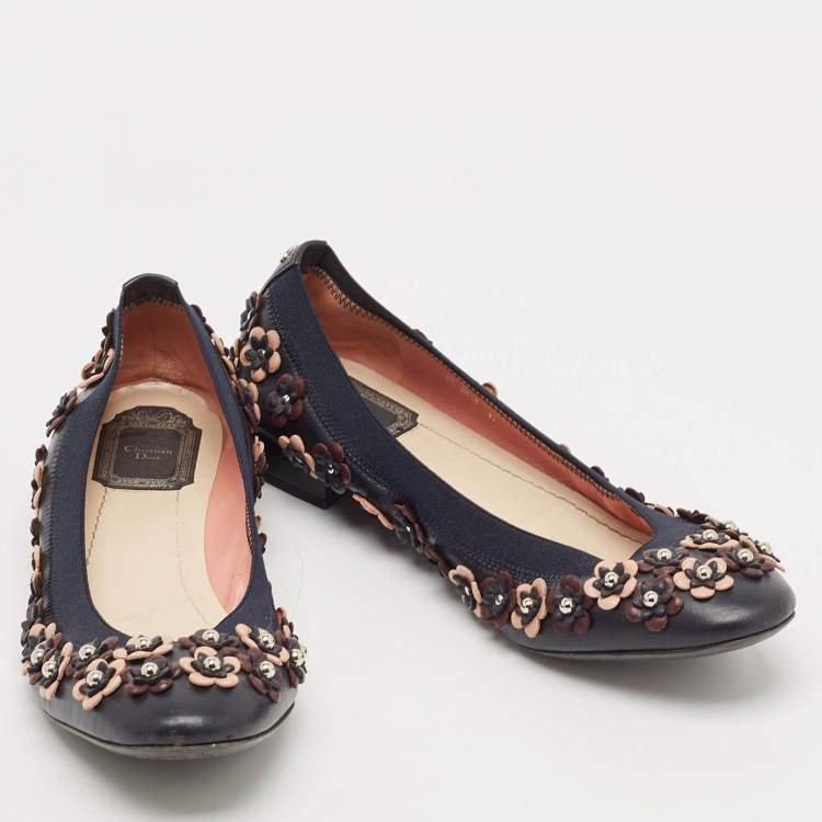 Pre Owned Dior Navy Blue Leather Cut Out Flower Embellished Ballet Flats Size 41