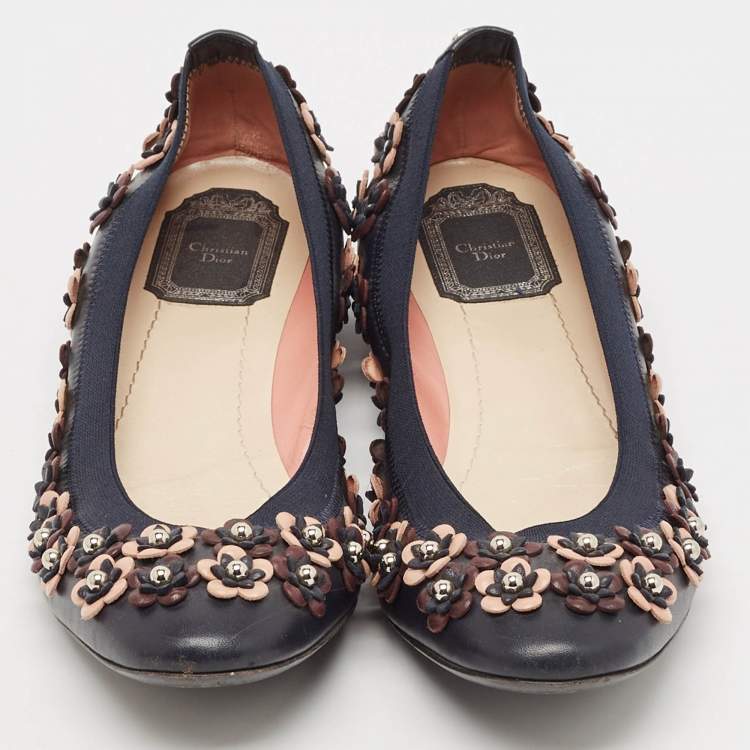 Pre Owned Dior Navy Blue Leather Cut Out Flower Embellished Ballet Flats Size 41
