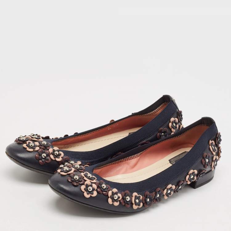 Pre Owned Dior Navy Blue Leather Cut Out Flower Embellished Ballet Flats Size 41