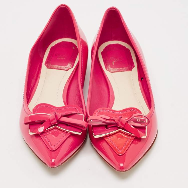 Pre Owned Dior Pink Patent Leather Bow Pointed Toe Ballet  Flats Size 35.5