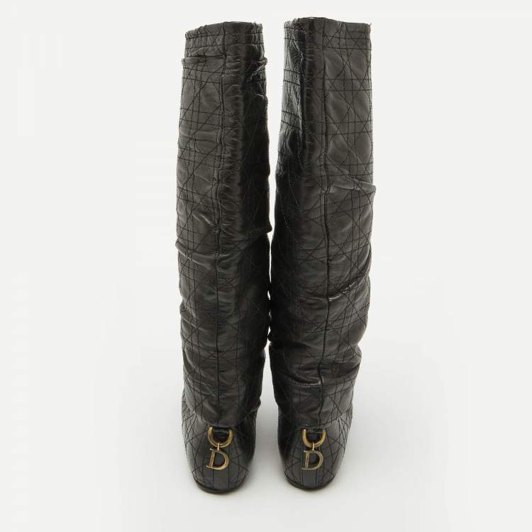 Pre Owned Dior Black Cannage Quilted Leather Knee Length Boots Size 37.5