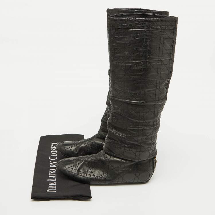Pre Owned Dior Black Cannage Quilted Leather Knee Length Boots Size 37.5