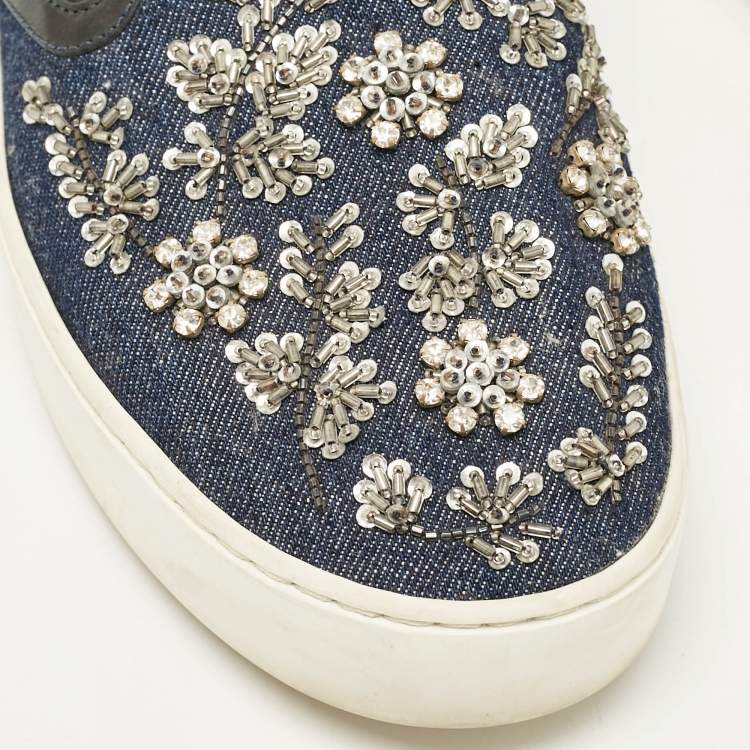 Pre Owned Dior Blue Denim and Leather Embellished Slip On Sneakers Size 39.5