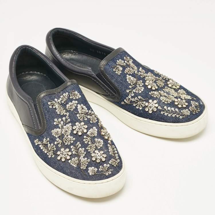 Pre Owned Dior Blue Denim and Leather Embellished Slip On Sneakers Size 39.5