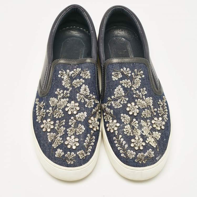 Pre Owned Dior Blue Denim and Leather Embellished Slip On Sneakers Size 39.5
