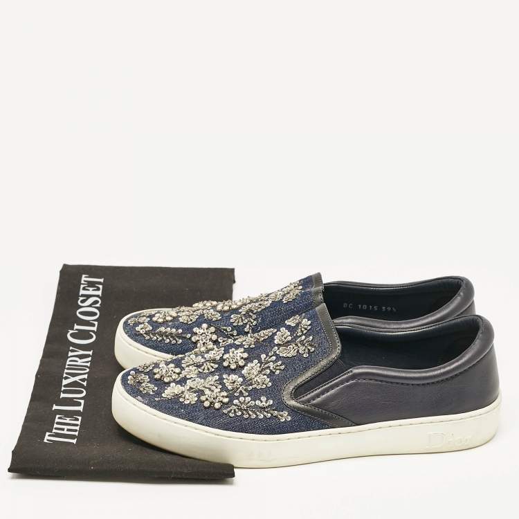 Pre Owned Dior Blue Denim and Leather Embellished Slip On Sneakers Size 39.5