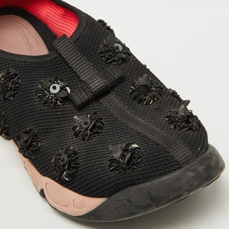 Pre Owned Dior Black Mesh Floral Embellished Fusion Slip On Sneakers Size 37.5