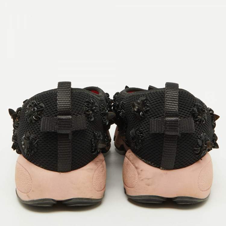 Pre Owned Dior Black Mesh Floral Embellished Fusion Slip On Sneakers Size 37.5