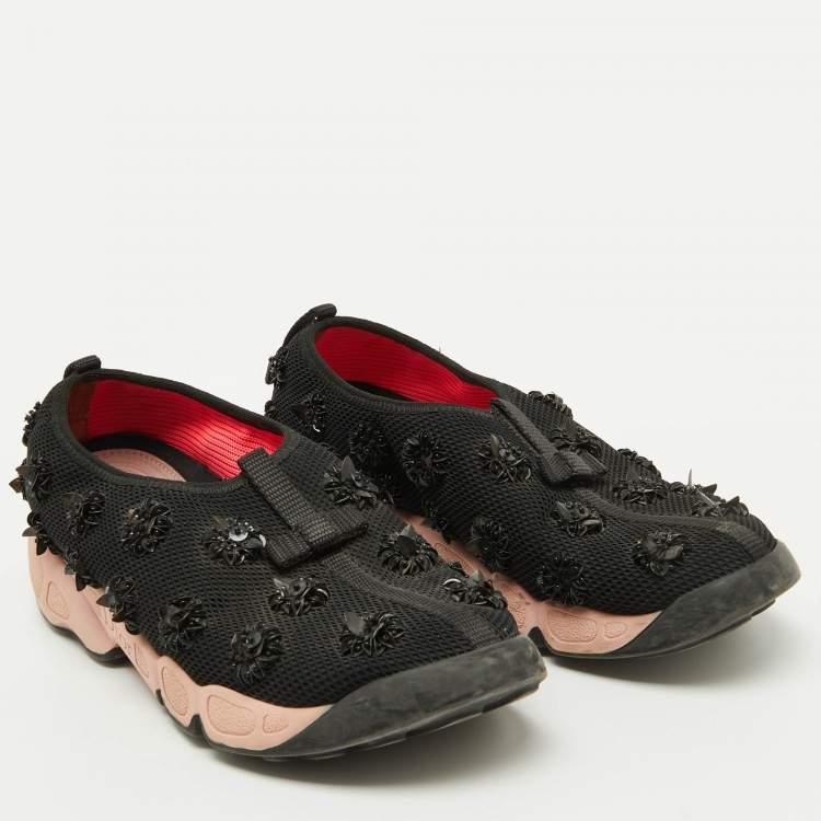 Pre Owned Dior Black Mesh Floral Embellished Fusion Slip On Sneakers Size 37.5