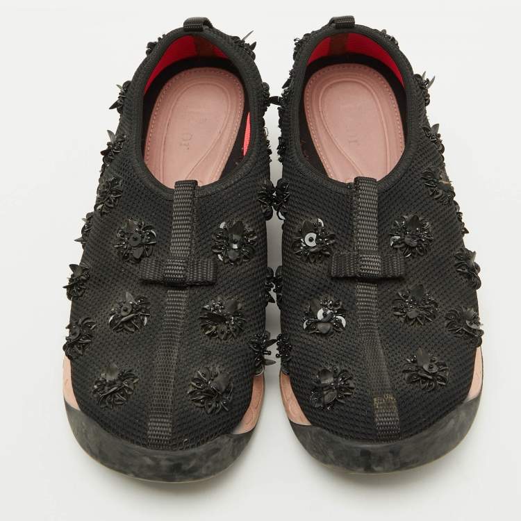 Pre Owned Dior Black Mesh Floral Embellished Fusion Slip On Sneakers Size 37.5
