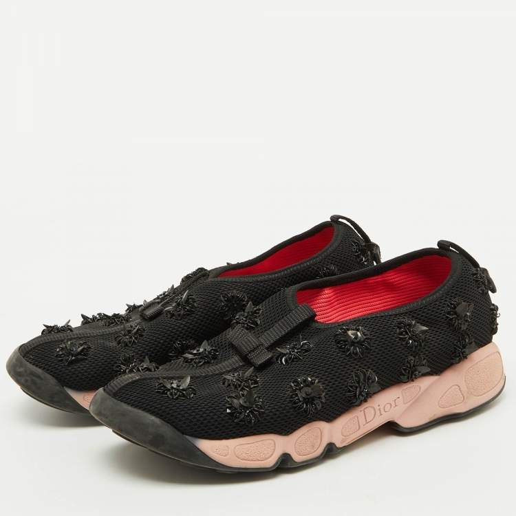 Pre Owned Dior Black Mesh Floral Embellished Fusion Slip On Sneakers Size 37.5