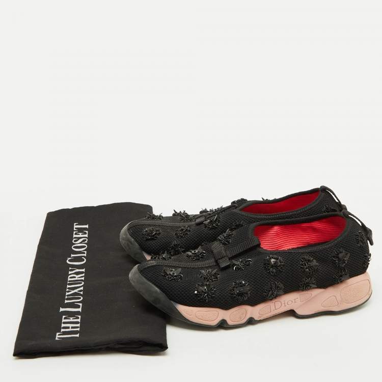 Pre Owned Dior Black Mesh Floral Embellished Fusion Slip On Sneakers Size 37.5