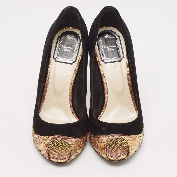 Pre Owned Dior Black/Gold Python Embossed Leather and Suede Peep Toe Pumps Size 37