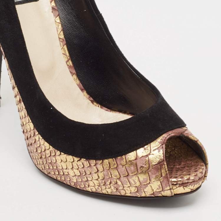 Pre Owned Dior Black/Gold Python Embossed Leather and Suede Peep Toe Pumps Size 37