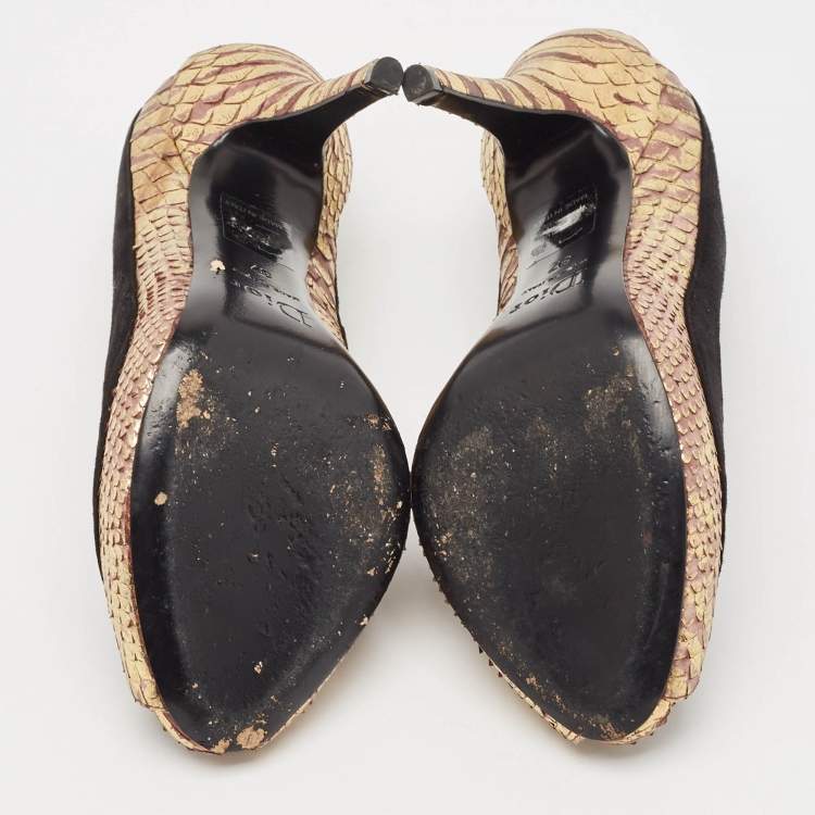 Pre Owned Dior Black/Gold Python Embossed Leather and Suede Peep Toe Pumps Size 37