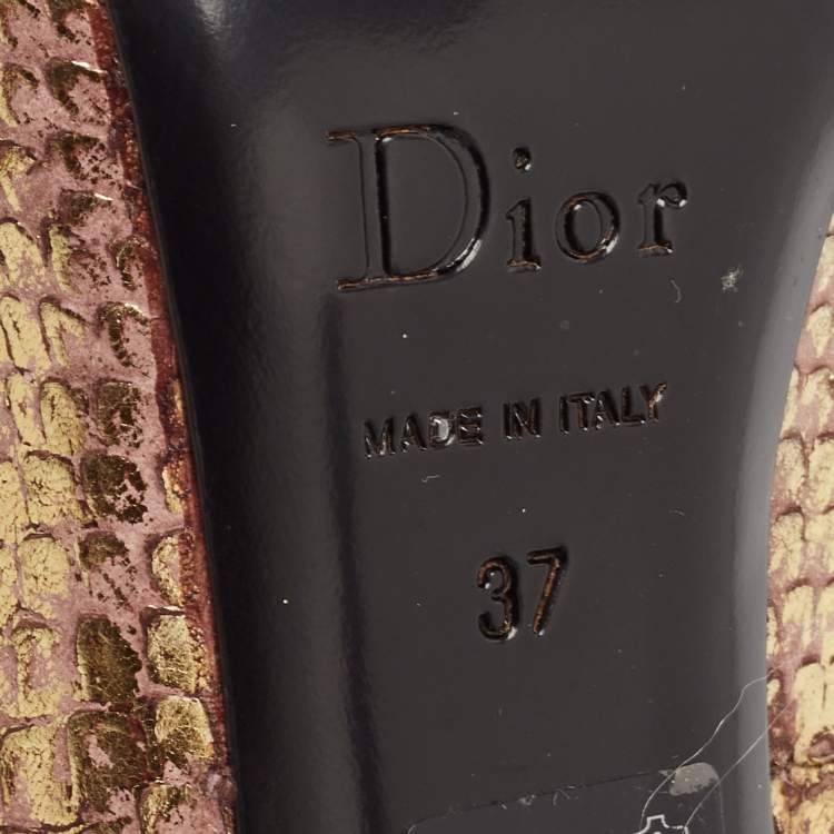 Pre Owned Dior Black/Gold Python Embossed Leather and Suede Peep Toe Pumps Size 37