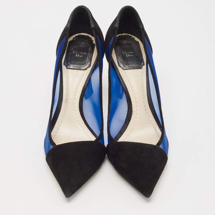 Pre Owned Dior Black/Blue Mesh and Suede Pointed Toe Pumps Size 37.5