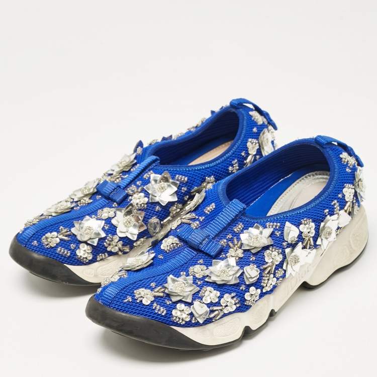 Pre Owned Dior Blue Mesh Fusion Crystal Embellished Slip On Sneakers Size 36.5