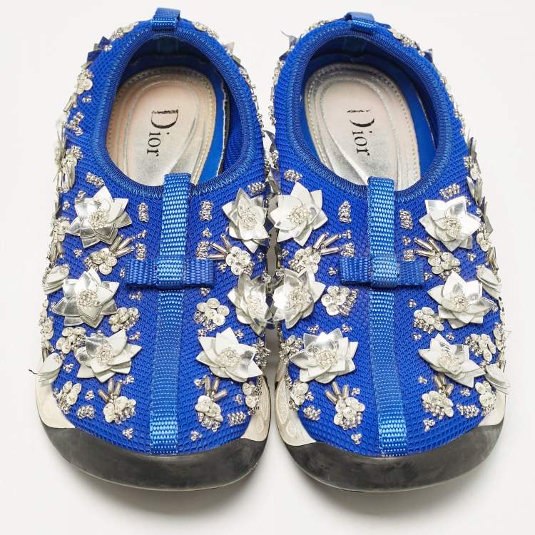 Pre Owned Dior Blue Mesh Fusion Crystal Embellished Slip On Sneakers Size 36.5