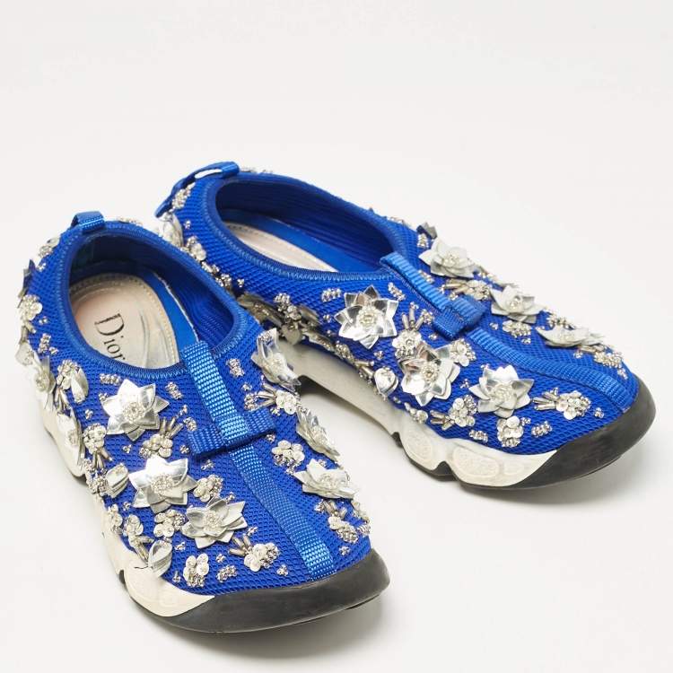 Pre Owned Dior Blue Mesh Fusion Crystal Embellished Slip On Sneakers Size 36.5
