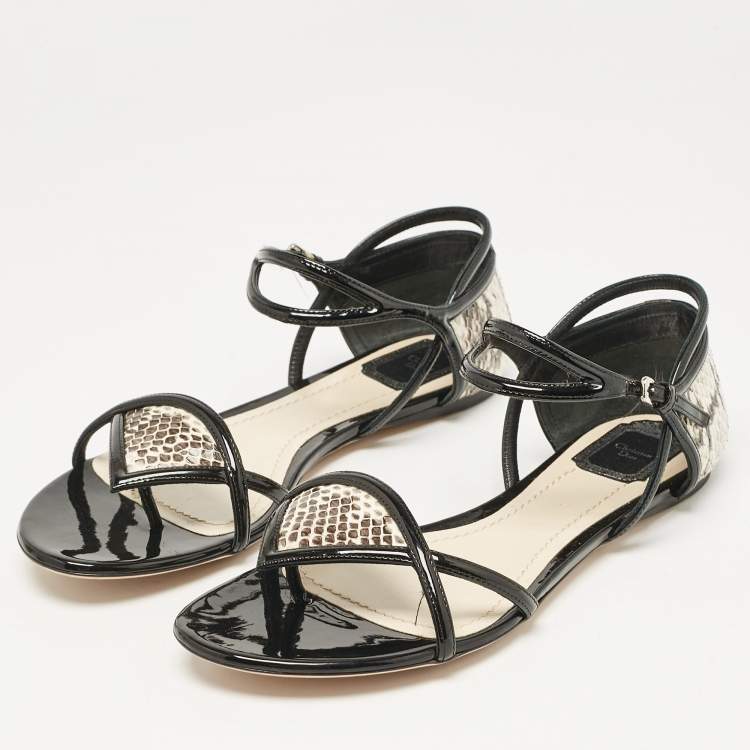 Pre Owned Dior Beige/Black Python and Patent Leather Venus Flat Sandals Size 40