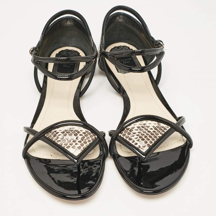Pre Owned Dior Beige/Black Python and Patent Leather Venus Flat Sandals Size 40
